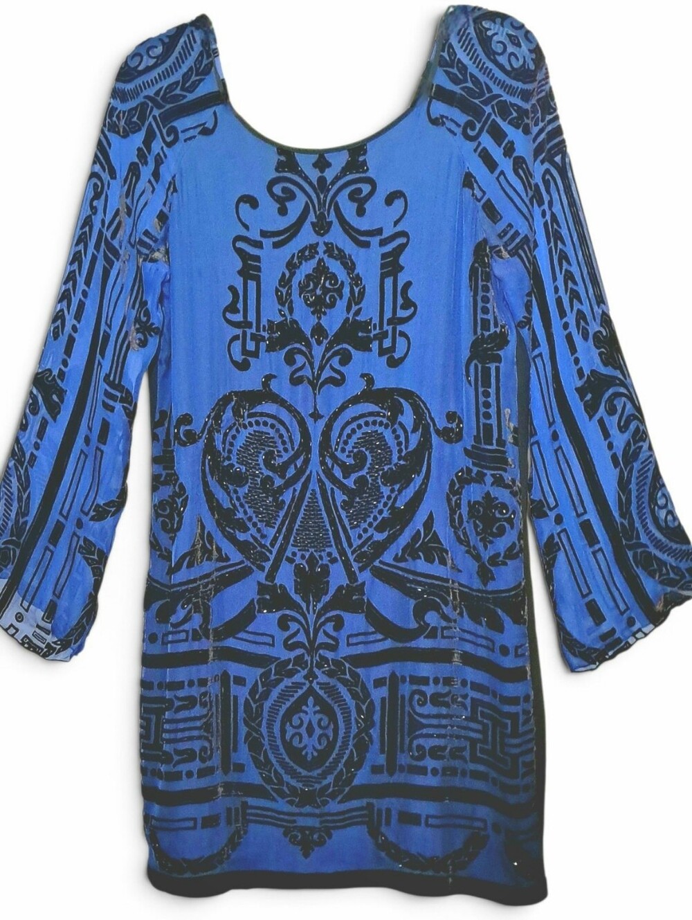 Hale Bob Silk Dress Medium Long Bell Sleeve Electric Blue/Black EUC